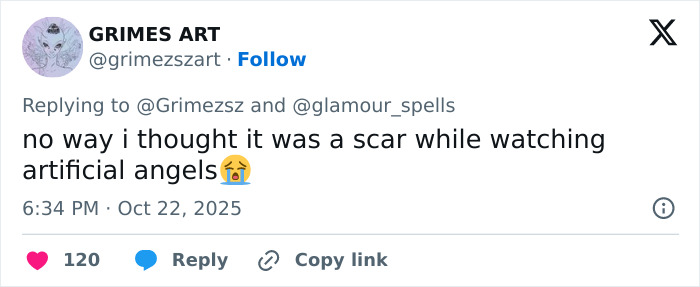 Screenshot of a tweet reacting to a face tattoo, mentioning it looked like a scar, related to ringworm tattoo discussion.