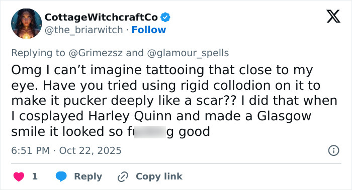 Tweet discussing tattooing techniques near the eye, referencing ringworm face tattoo by Elon Musk's ex Grimes.