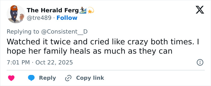 Tweet reading watched it twice and cried like crazy both times with hope her family heals, reflecting Netflix&rsquo;s The Perfect Neighbor reactions.