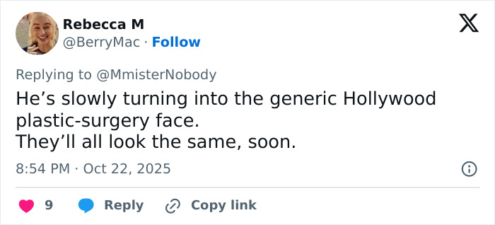 Tweet from user Rebecca M discussing Bradley Cooper&rsquo;s radical makeover and comparing it to generic Hollywood plastic-surgery faces.