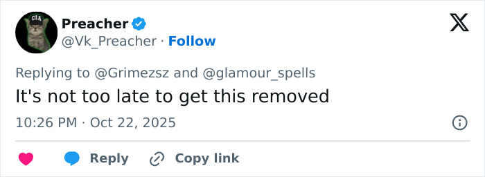Tweet from user Preacher replying about Grimes tattoo removal, discussing ringworm face tattoo reaction and fan responses.