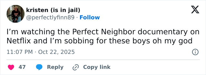 Screenshot of a Twitter post showing emotional reactions to Netflix&rsquo;s The Perfect Neighbor disturbing true story documentary.