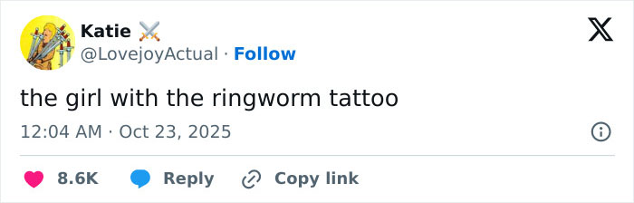 Tweet text about a girl with a ringworm tattoo displayed on a social media platform, showing user engagement.