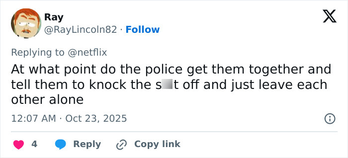 Tweet from user Ray expressing frustration about police intervention in a disturbing true story related to Netflix&rsquo;s The Perfect Neighbor.