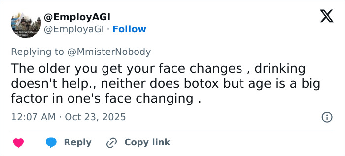 Tweet discussing how aging, drinking, and botox contribute to Bradley Cooper's radical makeover appearance changes.