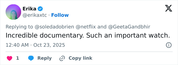 Tweet from user Erika praising Netflix&rsquo;s The Perfect Neighbor documentary as an incredible and important watch.