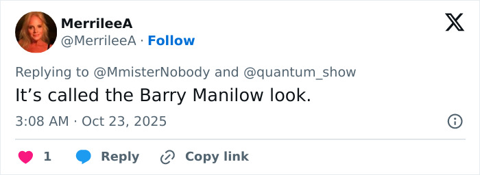 Screenshot of a social media post referencing Bradley Cooper&rsquo;s radical makeover and comparing his look to Barry Manilow.