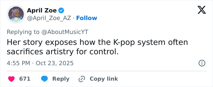 Tweet by April Zoe discussing how the K-pop system sacrifices artistry for control affecting Park Bom's plastic surgery.