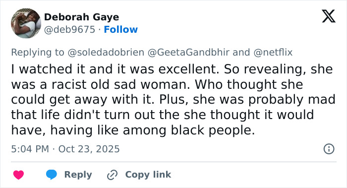 Tweet by Deborah Gaye sharing gut-wrenching reactions to Netflix&rsquo;s The Perfect Neighbor true story.