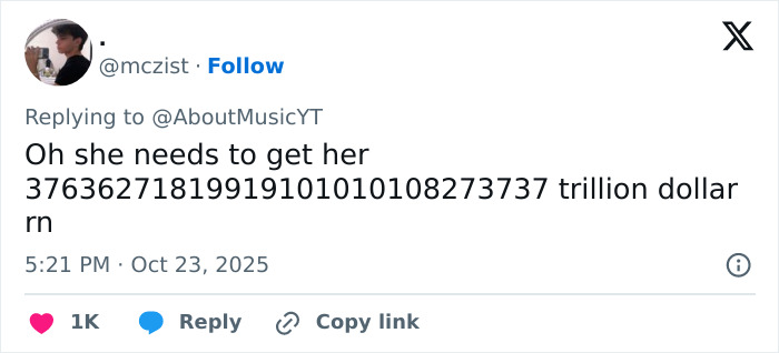 Tweet from user @mczist replying to @AboutMusicYT, mentioning the need for a large sum of money in a casual online discussion.
