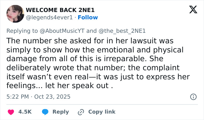 Tweet from fan discussing Park Bom&rsquo;s emotional and physical damage linked to her drastic plastic surgery transformation.