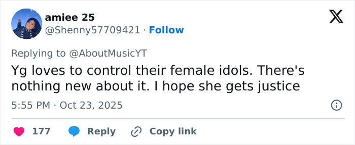 Tweet about YG control over female idols, expressing hope for justice for K-Pop icon Park Bom after plastic surgery transformation.