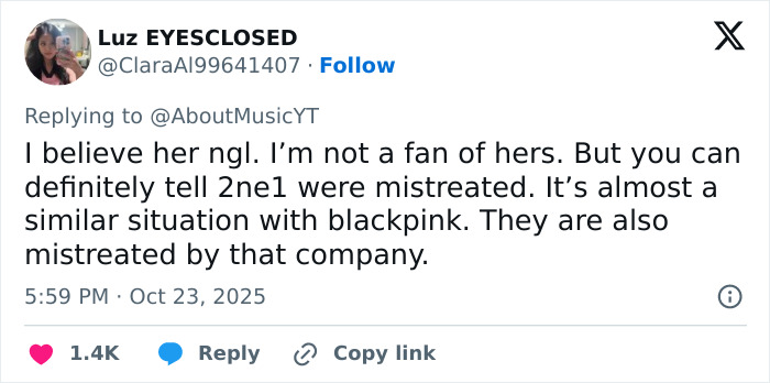 Tweet screenshot from user Luz EYES CLOSED discussing mistreatment of K-pop groups related to Park Bom.