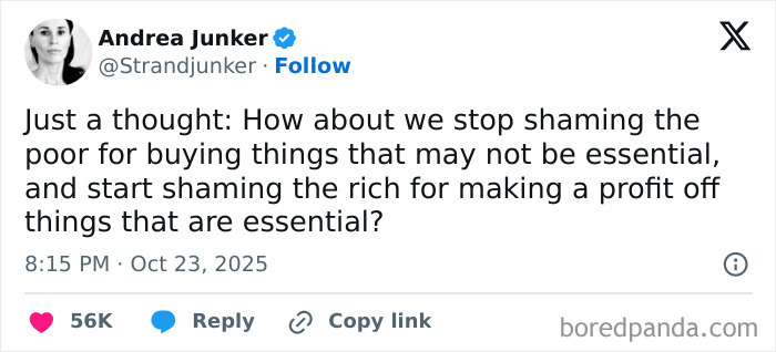 Tweet by Andrea Junker discussing shaming the poor vs the rich, highlighting dystopic societal issues and economic inequality.