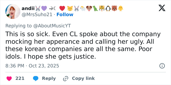 Tweet criticizing Korean companies for mocking K-Pop icon Park Bom&rsquo;s appearance amid her plastic surgery transformation controversy.