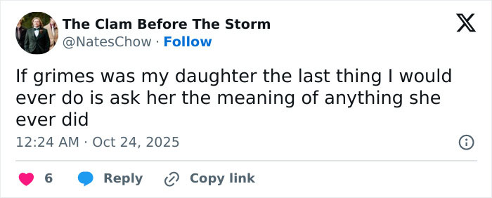 Screenshot of a tweet referencing Grimes, Elon Musk's ex, in a casual opinion about her actions and meaning behind them.