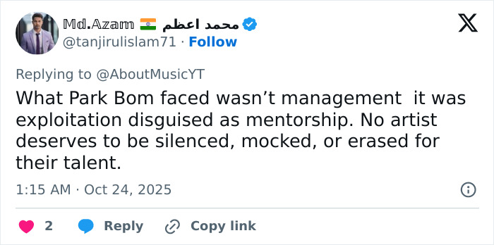 Tweet discussing K-Pop icon Park Bom addressing exploitation and the reasons behind her plastic surgery transformation.