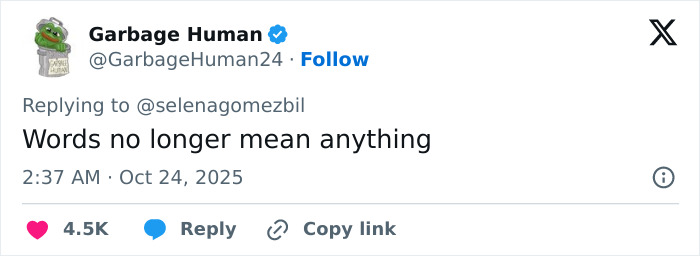 Tweet from Garbage Human reacting to Selena Gomez’s new music video, mentioning fans shocked by Selena Gomez’s face. Tweet from Garbage Human reacting to Selena Gomez’s new music video, mentioning fans shocked by Selena Gomez’s face.