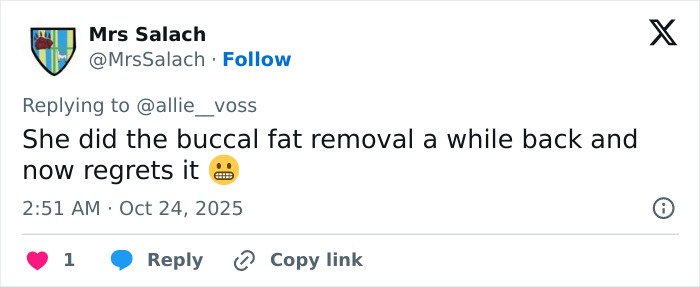 Twitter reply about Selena Gomez's face mentioning buccal fat removal and expressing regret, related to new music video shock. Twitter reply about Selena Gomez's face mentioning buccal fat removal and expressing regret, related to new music video shock.