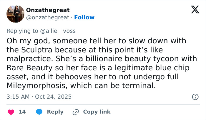 Tweet criticizing Selena Gomez’s facial treatments, describing it as malpractice and referencing her beauty brand Rare Beauty. Tweet criticizing Selena Gomez’s facial treatments, describing it as malpractice and referencing her beauty brand Rare Beauty.