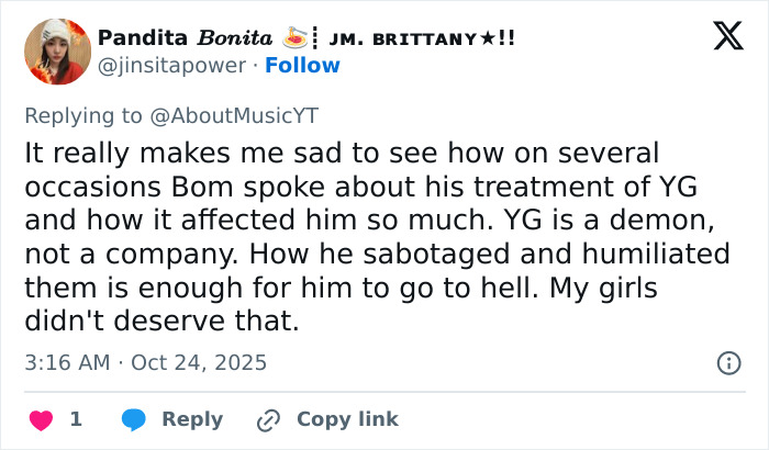 Tweet expressing sadness over K-Pop icon Park Bom&rsquo;s treatment by YG and its impact on her plastic surgery transformation.