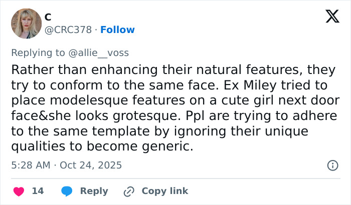 Fan tweet criticizing Selena Gomez's face appearance in new music video, calling it generic and unnatural. Fan tweet criticizing Selena Gomez's face appearance in new music video, calling it generic and unnatural.
