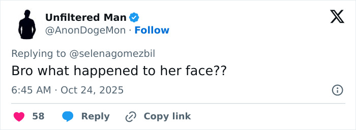 Tweet from Unfiltered Man questioning Selena Gomez's face in new music video, sparking fan shock and discussion online. Tweet from Unfiltered Man questioning Selena Gomez's face in new music video, sparking fan shock and discussion online.