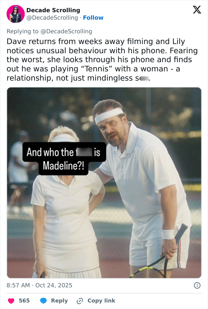 Man and woman dressed in tennis outfits on court, referencing David Harbour cheating claims and Lily Allen album discussion.