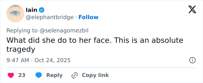 Tweet showing fan reaction to Selena Gomez's face in new music video, describing it as shocking and a tragedy. Tweet showing fan reaction to Selena Gomez's face in new music video, describing it as shocking and a tragedy.