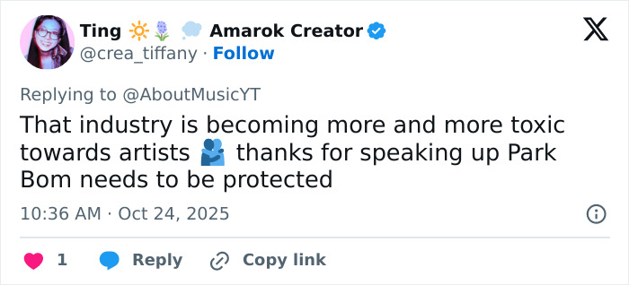 Tweet discussing the toxicity of the industry and the need to protect K-Pop icon Park Bom amid her plastic surgery transformation.