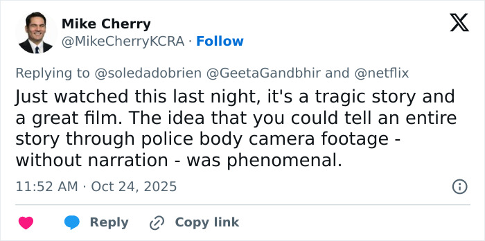 Screenshot of a tweet praising Netflix&rsquo;s The Perfect Neighbor for its tragic story told through police body camera footage.