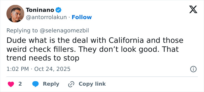 Twitter user commenting on Selena Gomez's face in new music video, criticizing the trend of weird check fillers. Twitter user commenting on Selena Gomez's face in new music video, criticizing the trend of weird check fillers.