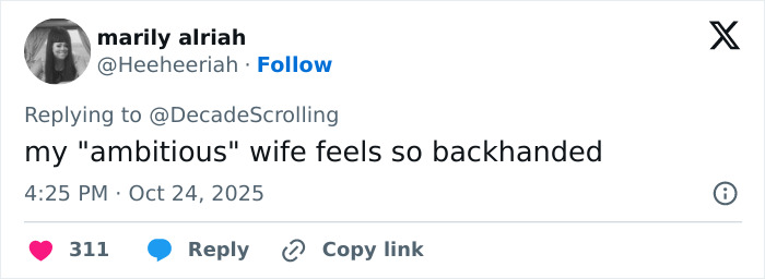 Twitter reply from user marily alriah expressing feelings about an ambitious wife amid claims related to David Harbour cheating.