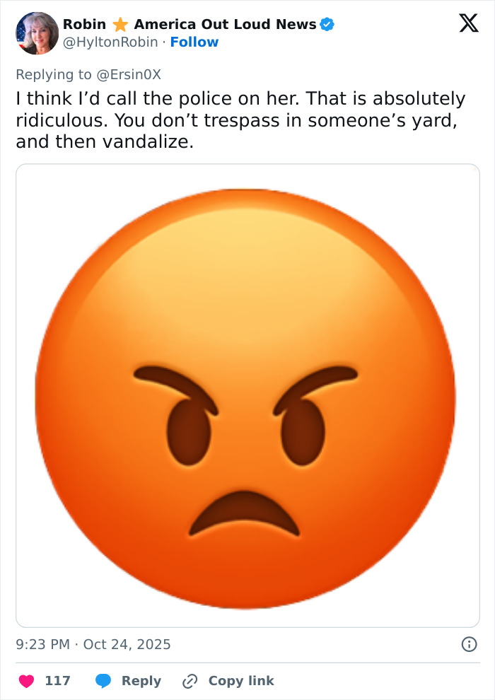 Angry emoji reaction to unhinged woman caught attacking neighbor&rsquo;s Halloween witches in viral footage.