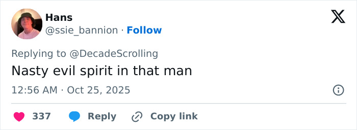 Screenshot of a tweet by Hans describing a person as having a nasty evil spirit, related to Lily Allen&rsquo;s album and David Harbour claims.