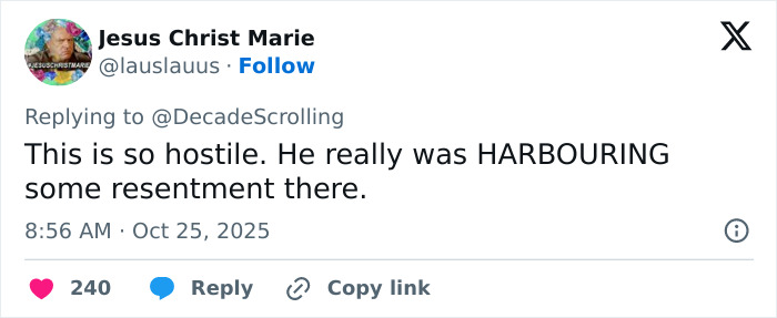 Tweet discussing resentment with reference to David Harbour amid claims linked to Lily Allen's explosive new album.