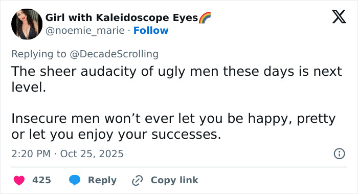 Tweet discussing the audacity of insecure men, linked to Lily Allen's explosive new album and David Harbour cheating claims.