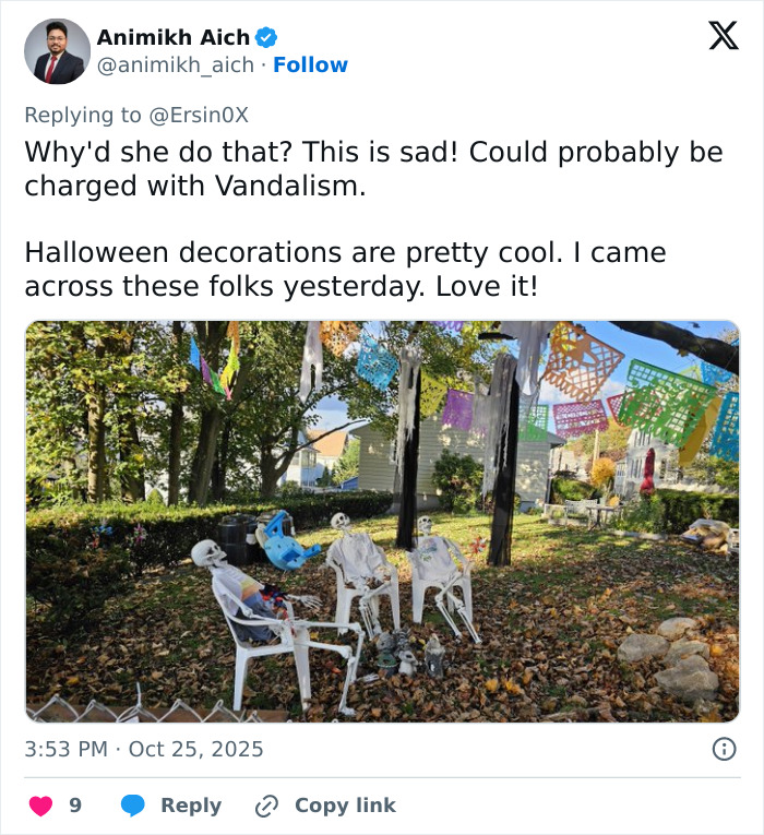 Alt text: Unhinged woman caught attacking neighbor&rsquo;s Halloween witches decorations twice in bizarre viral footage outdoors.