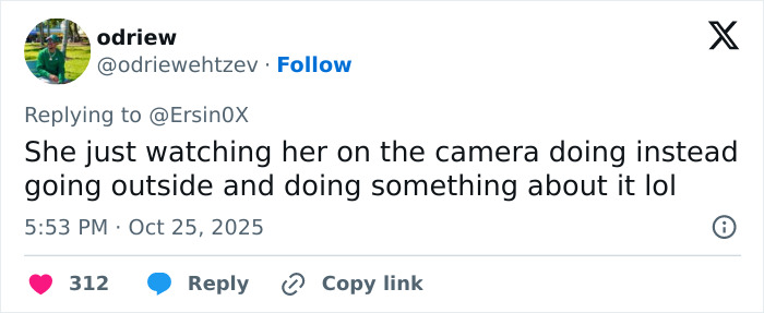 Tweet discussing a woman watching footage of an unhinged attack on neighbor's Halloween witches.