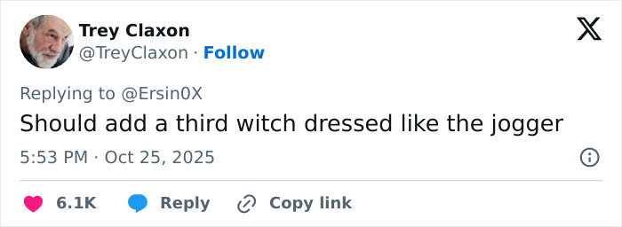 Tweet from Trey Claxon commenting on adding a third Halloween witch costume, referencing viral footage of an unhinged woman attack.