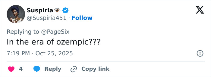 Screenshot of a social media reply questioning the era of ozempic, related to Nelly Furtado quitting music amid body-shaming.