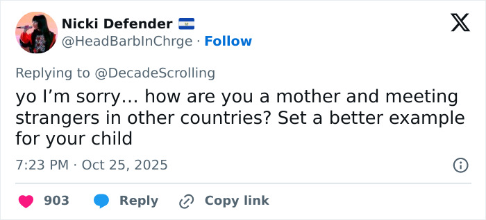 Tweet from user Nicki Defender questioning a mother meeting strangers abroad amid David Harbour's viral interaction controversies.