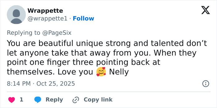 Twitter reply with a supportive message to Nelly Furtado amid online body-shaming and her quitting music announcement.