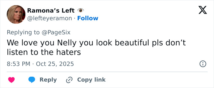 Twitter reply supporting Nelly Furtado amid vicious body-shaming online as she announces quitting music.