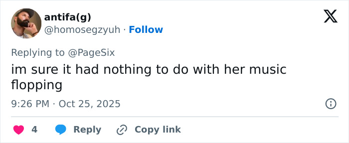 Screenshot of a Twitter reply comment discussing Nelly Furtado quitting music amid online body-shaming controversy.