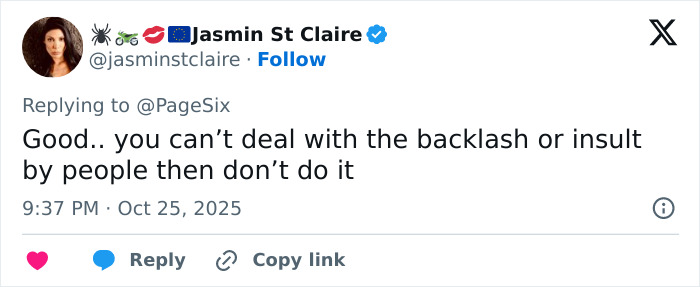 Tweet by Jasmin St Claire responding to backlash comments amid Nelly Furtado quitting music and body-shaming controversy online.