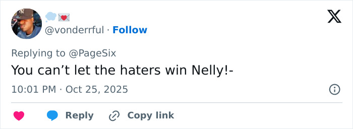 Twitter user @vonderrful responding with support for Nelly Furtado amid body-shaming online controversy.
