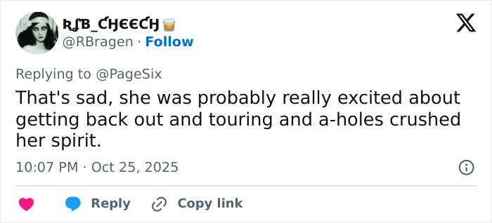 Tweet expressing sadness over Nelly Furtado quitting music due to vicious body-shaming impacting her spirit.