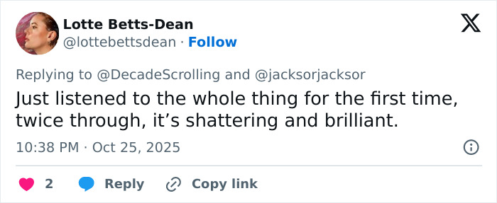 Tweet expressing a reaction to Lily Allen's explosive new album amid disturbing claims involving David Harbour.