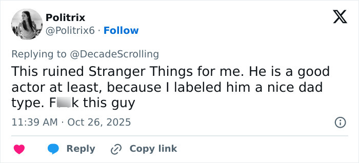 Tweet screenshot showing a user reacting to disturbing claims about David Harbour amid Lily Allen's new album release.